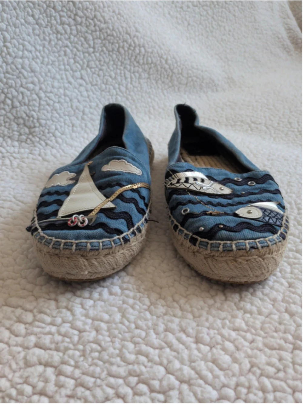 Tory Burch seaside nautical denim coastal fish resortwear espadrilles sandals